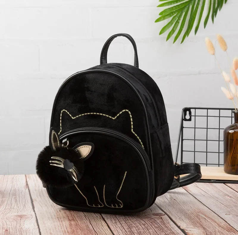 Fashion Animal Cat Design Daily Outdoor Small Suede Fabric Ladies Bag Cute Lovely Teen Girl Backpack