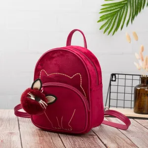 Fashion Animal Cat Design Daily Outdoor Small Suede Fabric Ladies Bag Cute Lovely Teen Girl Backpack