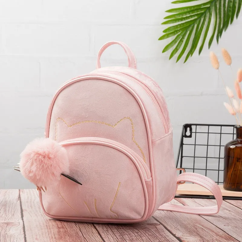 Fashion Animal Cat Design Daily Outdoor Small Suede Fabric Ladies Bag Cute Lovely Teen Girl Backpack