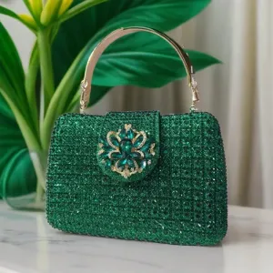 Green/Blue Crystal Handbag with Strap: Boutique Metallic Rhinestone Purses and Handbags, Bridal Wedding Big Gems Handbag