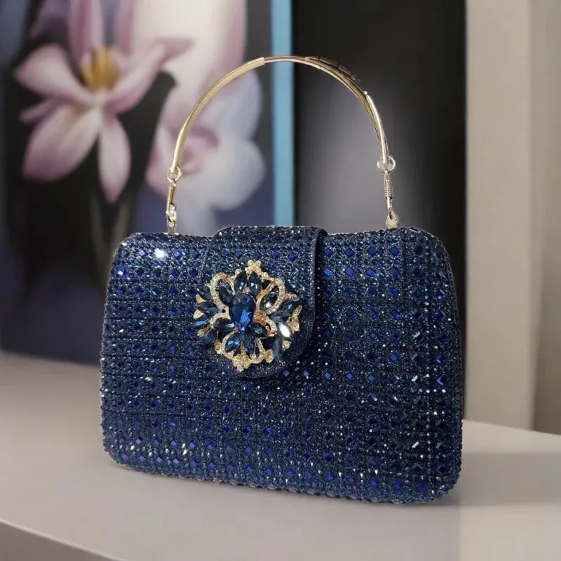 Green/Blue Crystal Handbag with Strap: Boutique Metallic Rhinestone Purses and Handbags, Bridal Wedding Big Gems Handbag