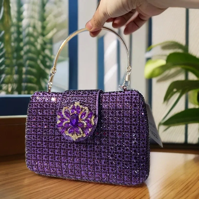Green/Blue Crystal Handbag with Strap: Boutique Metallic Rhinestone Purses and Handbags, Bridal Wedding Big Gems Handbag