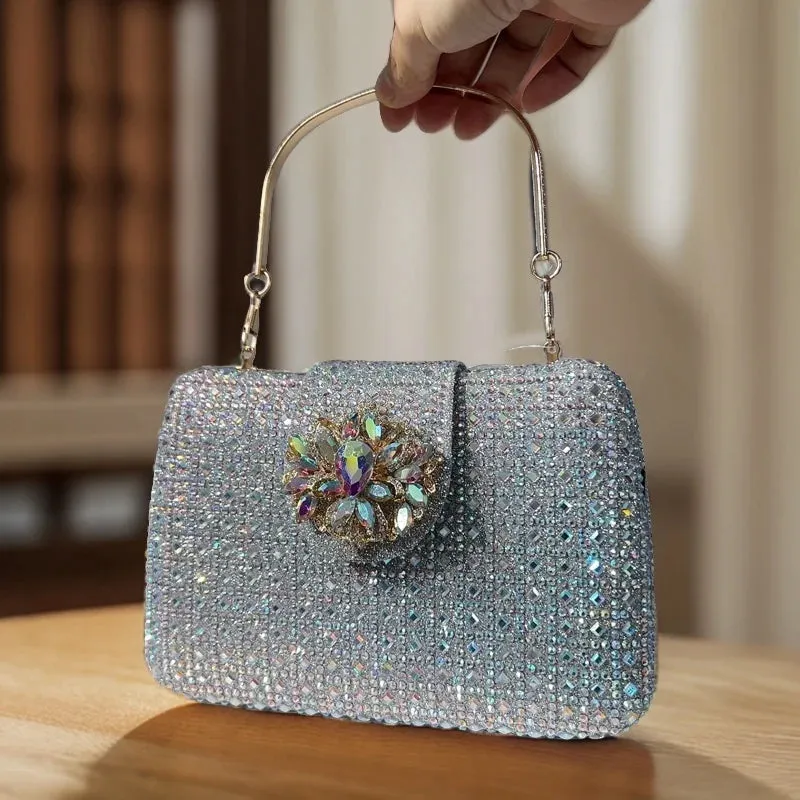 Green/Blue Crystal Handbag with Strap: Boutique Metallic Rhinestone Purses and Handbags, Bridal Wedding Big Gems Handbag