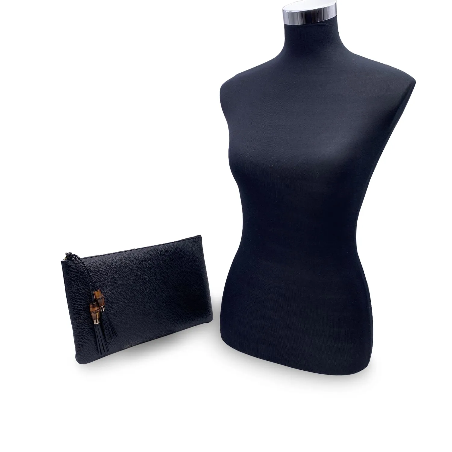 Gucci Black Leather Pochette Bamboo Tassel Clutch Bag Handbag