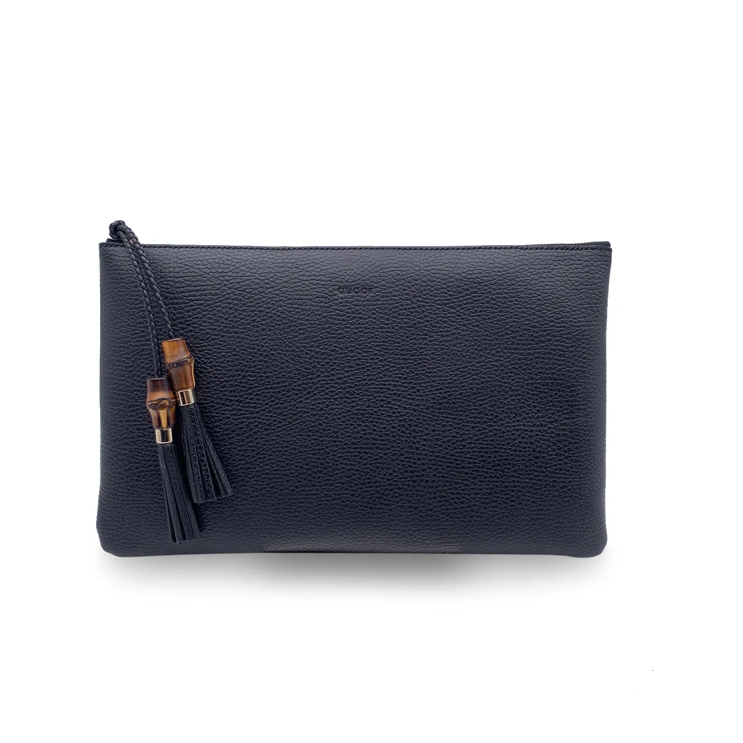 Gucci Black Leather Pochette Bamboo Tassel Clutch Bag Handbag