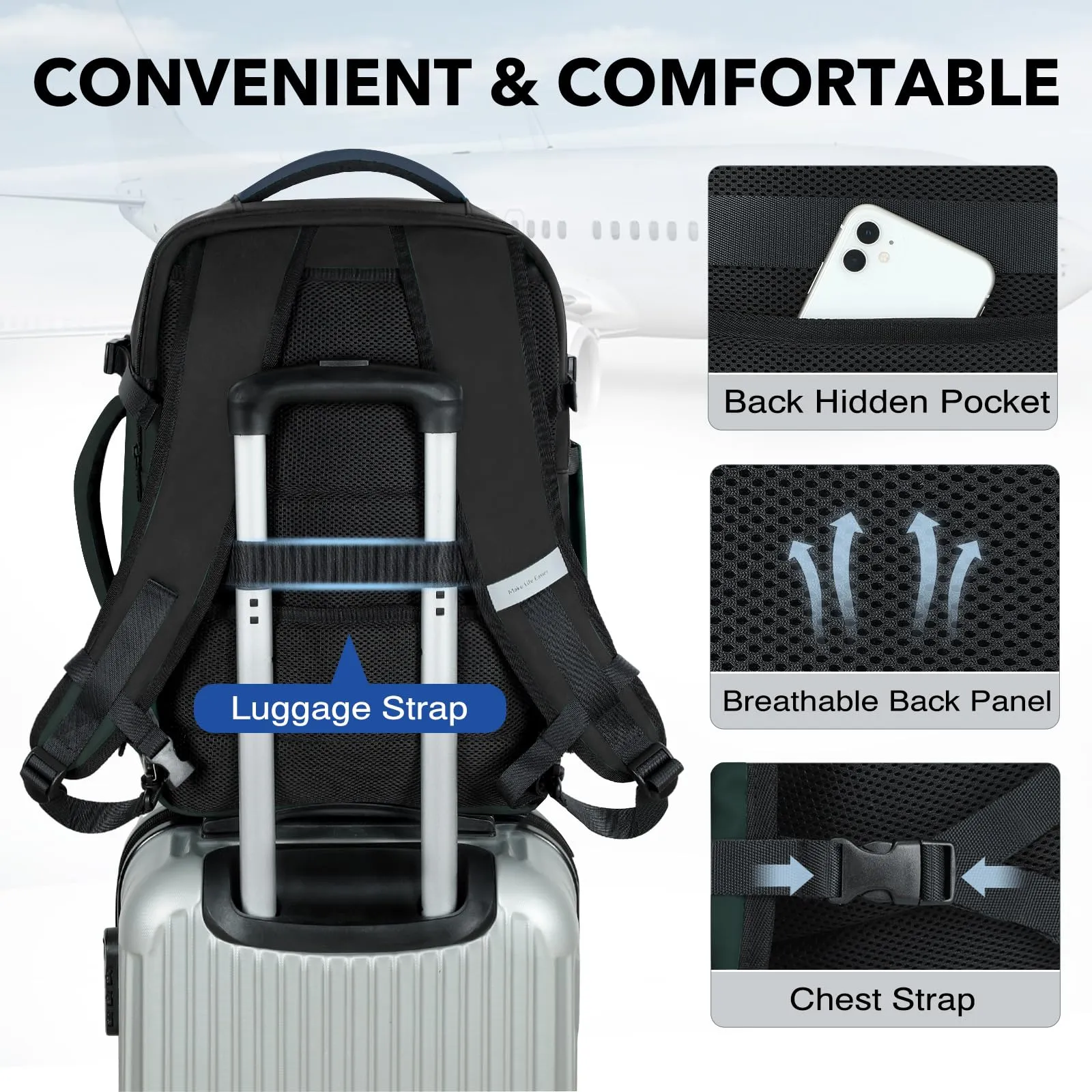 Hand Luggage Waterproof Backpack with 3 Packing Cubes, Large Travel Backpack Travel Backpack
