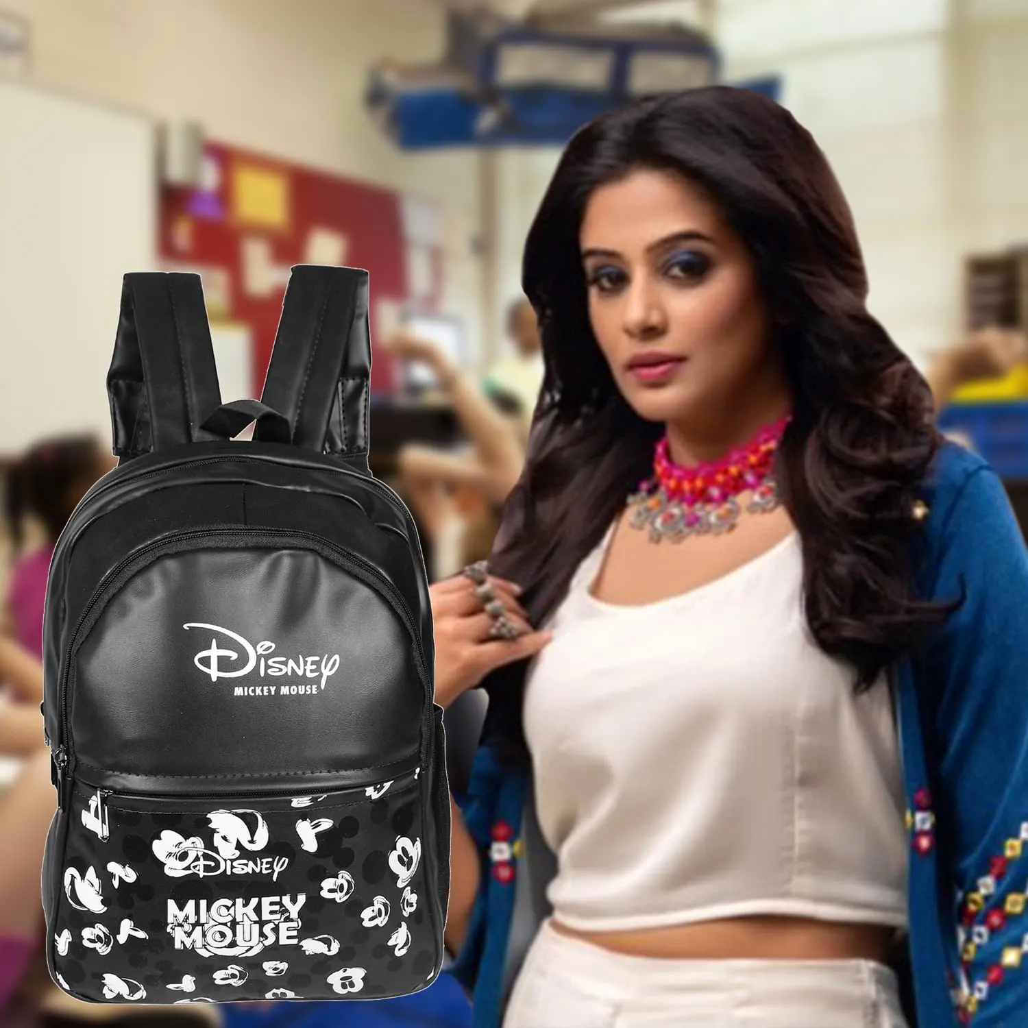 Heart Home Disney Mickey School Bag for Kids|Stylish Backpacks for Kids|Leather Waterproof Shoulder Straps Bag for College|Travel (Black)