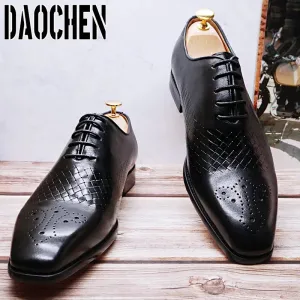 Italian Brand Men's Dress Shoes Lace Up Black Brown Weave Genuine Leather Mens Shoes Wedding Office Oxford Shoes For Men