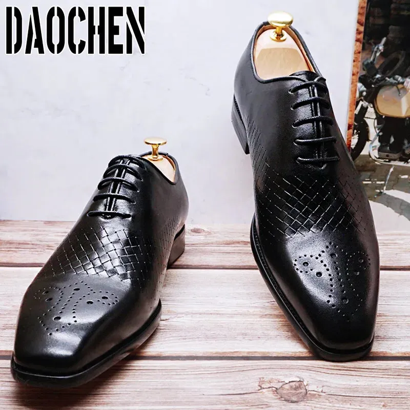 Italian Brand Men's Dress Shoes Lace Up Black Brown Weave Genuine Leather Mens Shoes Wedding Office Oxford Shoes For Men