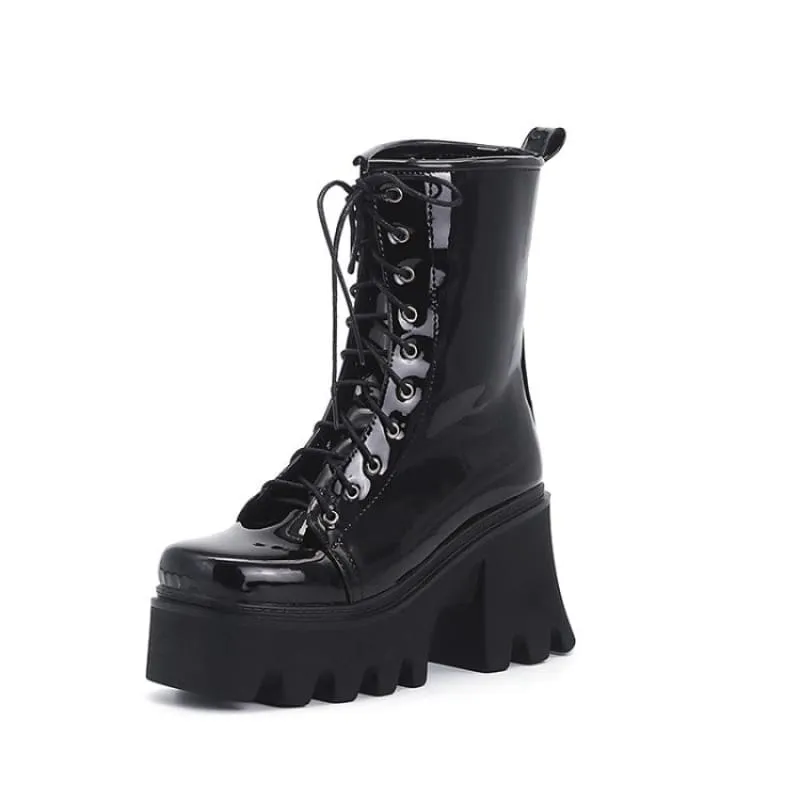 Luxury Patent Boots with Black Soles and Thick Heels