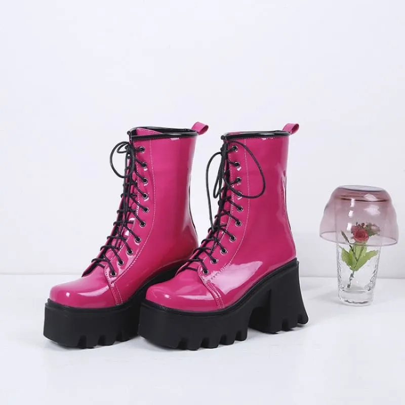 Luxury Patent Boots with Black Soles and Thick Heels