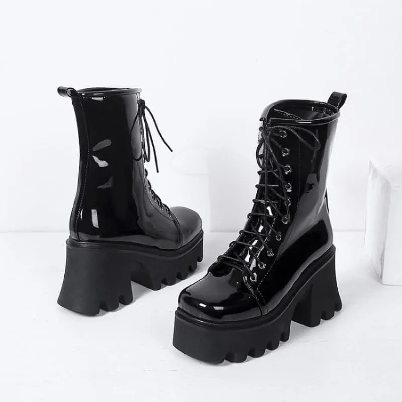 Luxury Patent Boots with Black Soles and Thick Heels