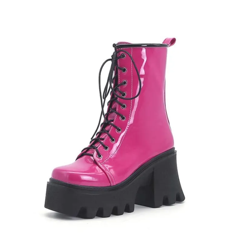 Luxury Patent Boots with Black Soles and Thick Heels