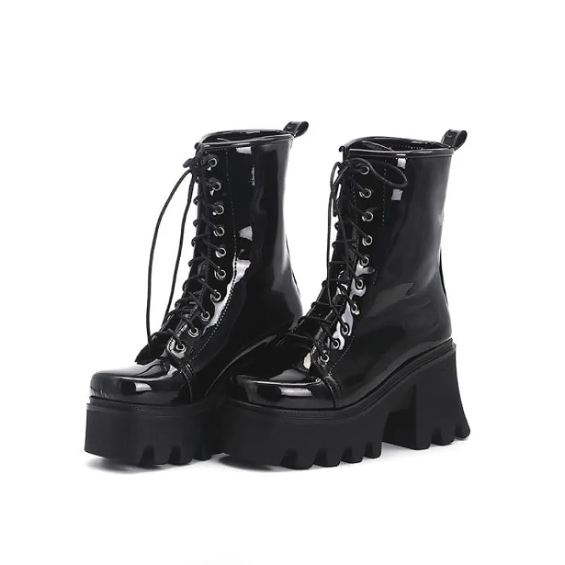 Luxury Patent Boots with Black Soles and Thick Heels