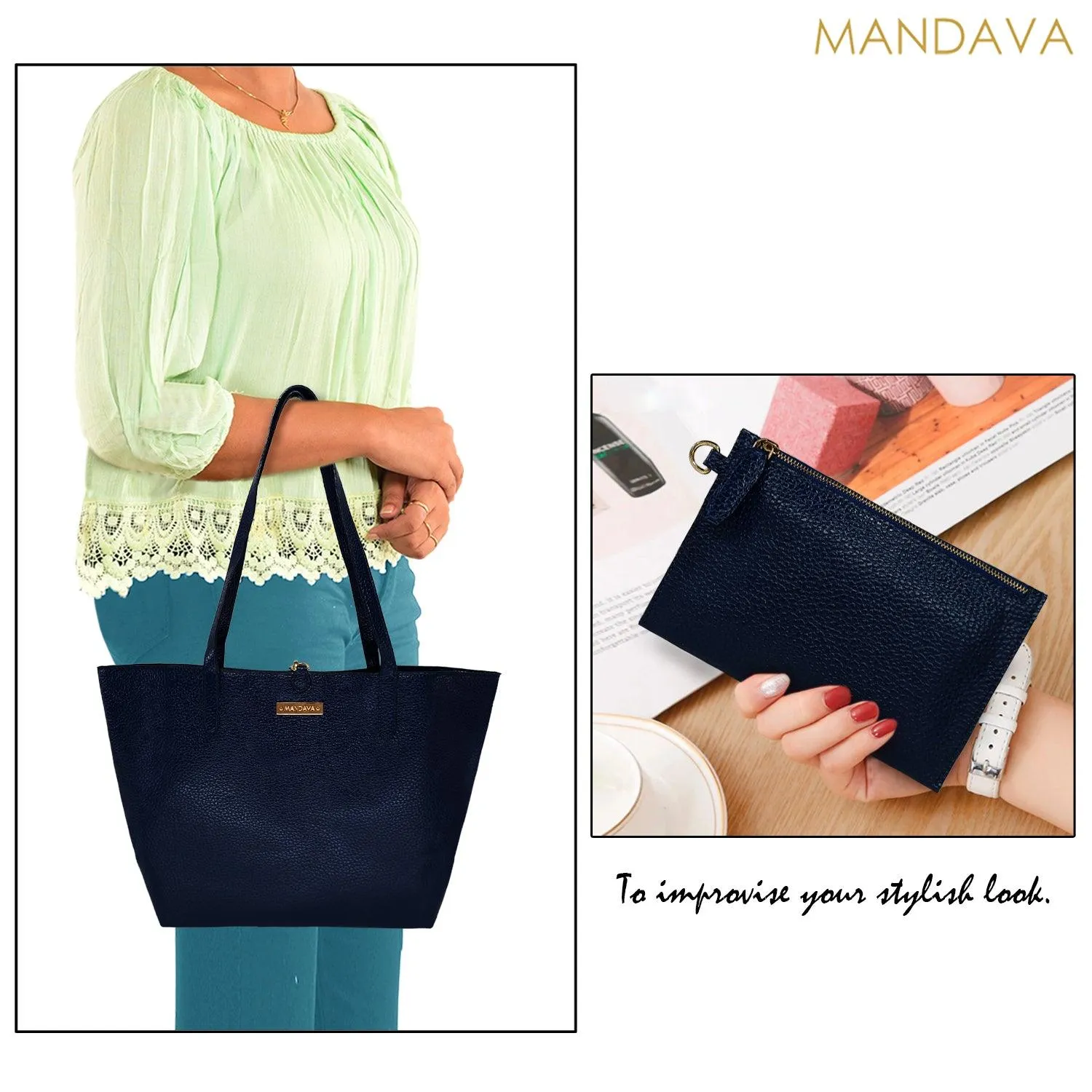 MANDAVA Women's/Ladies Top Handle PU Leather Tote Bag, Handbag with Detachable Cosmetic Pouch (Midnight Blue)