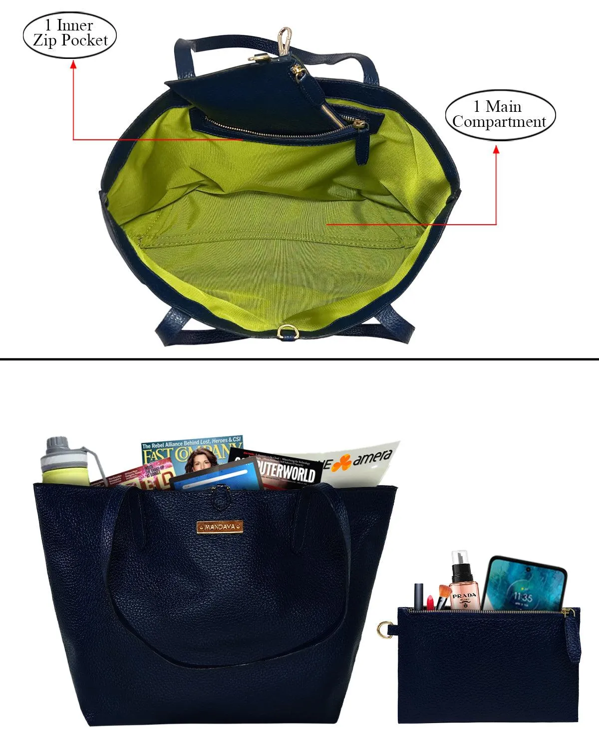 MANDAVA Women's/Ladies Top Handle PU Leather Tote Bag, Handbag with Detachable Cosmetic Pouch (Midnight Blue)