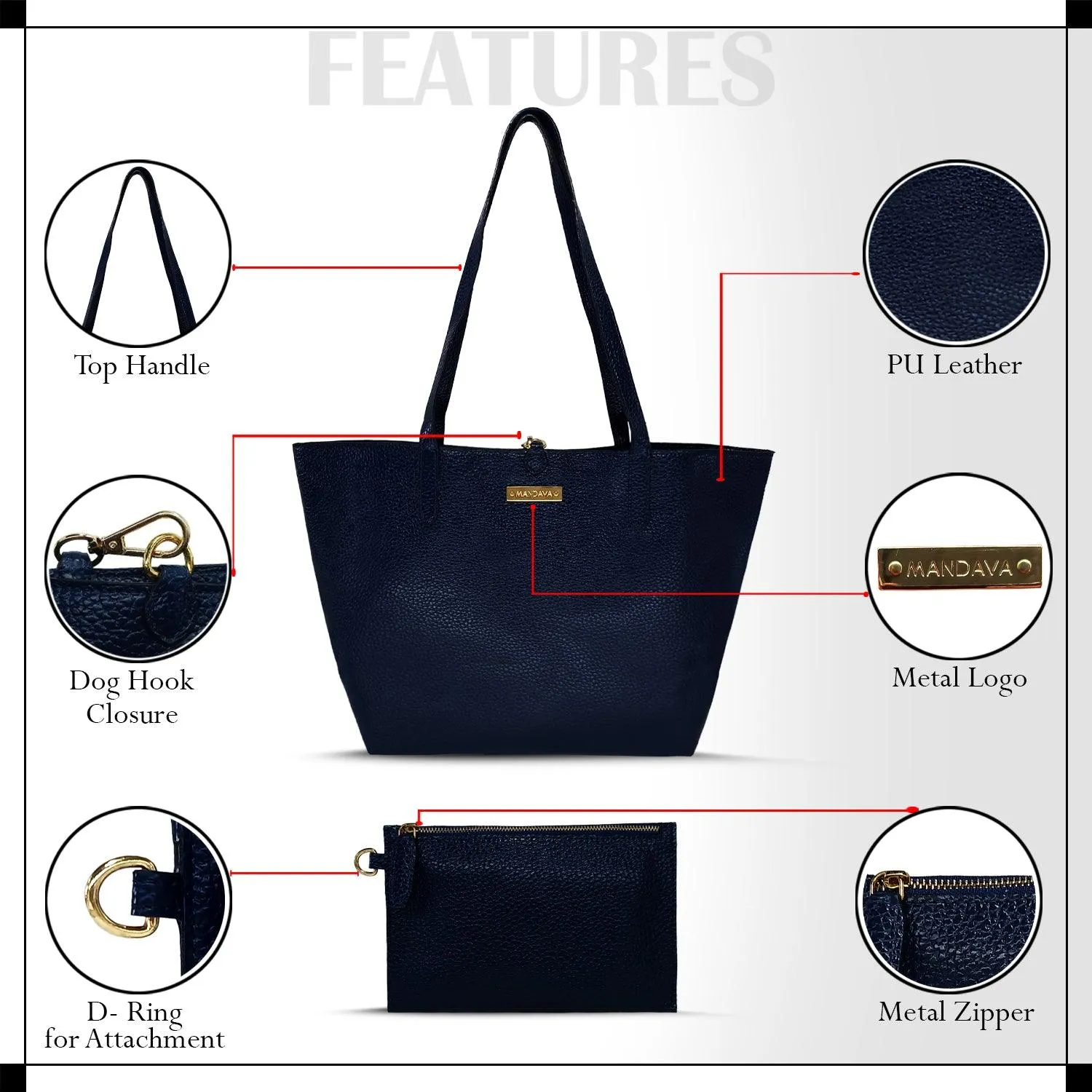 MANDAVA Women's/Ladies Top Handle PU Leather Tote Bag, Handbag with Detachable Cosmetic Pouch (Midnight Blue)