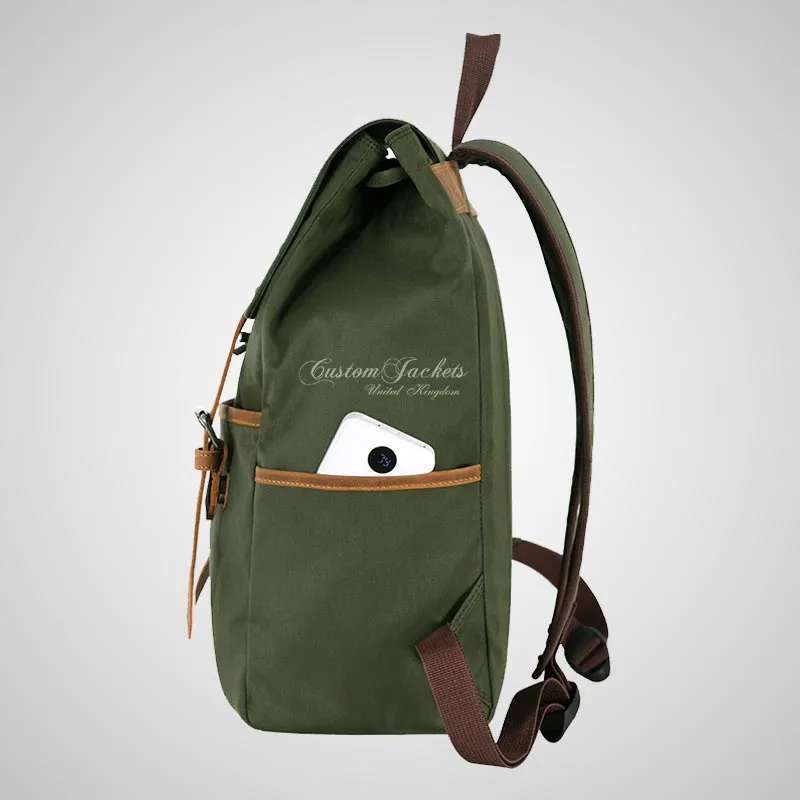 Men's Canvas Backpack Olive Casual Travel Rucksack Leather Trimming