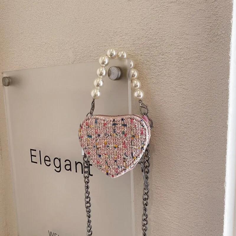 Mini Heart Shaped Cross-body Handbags with Beaded Pearl Chain Strap