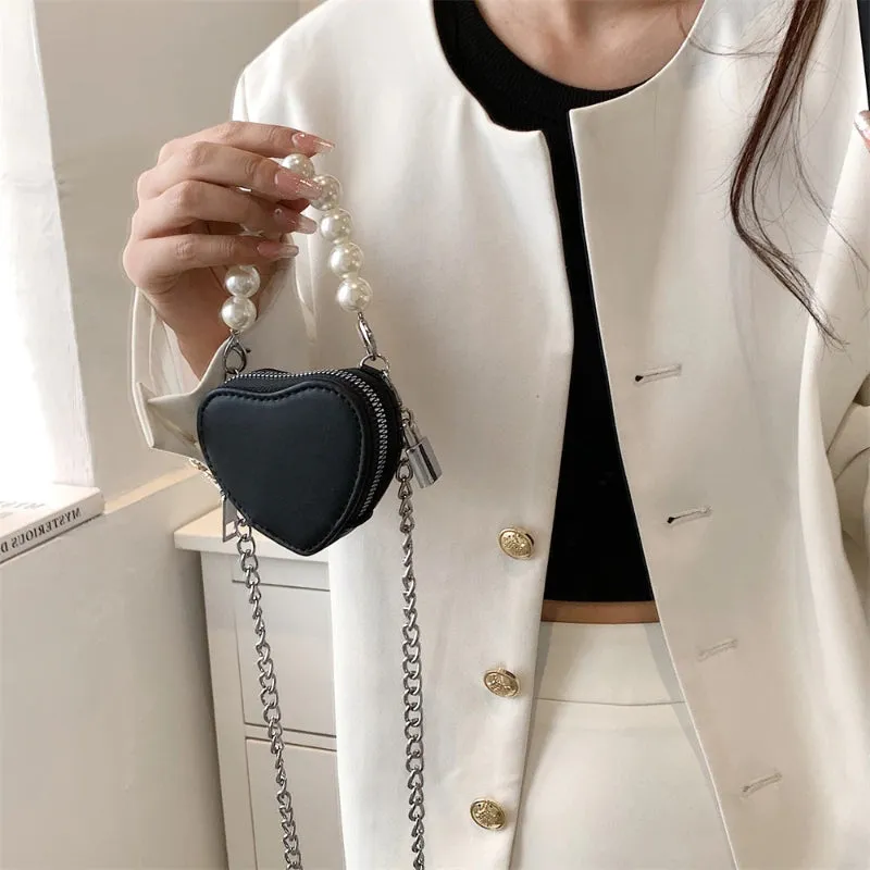 Mini Heart Shaped Cross-body Handbags with Beaded Pearl Chain Strap