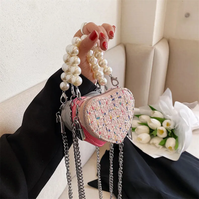 Mini Heart Shaped Cross-body Handbags with Beaded Pearl Chain Strap