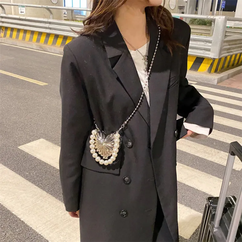 Mini Heart Shaped Cross-body Handbags with Beaded Pearl Chain Strap