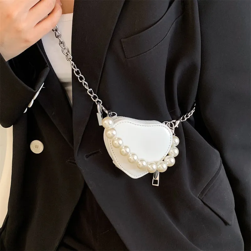 Mini Heart Shaped Cross-body Handbags with Beaded Pearl Chain Strap
