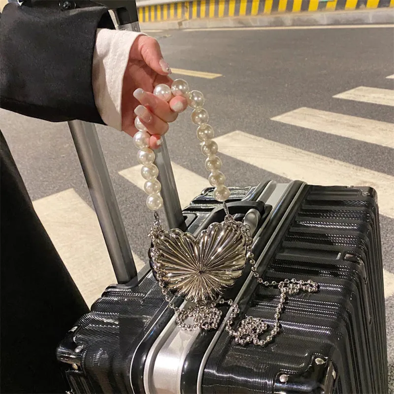 Mini Heart Shaped Cross-body Handbags with Beaded Pearl Chain Strap