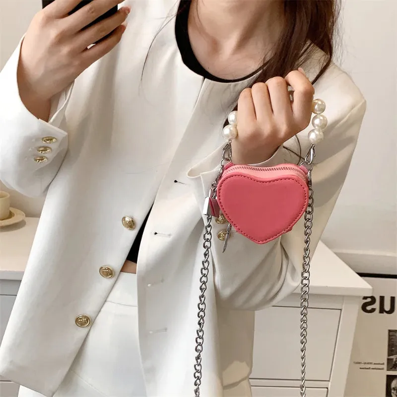 Mini Heart Shaped Cross-body Handbags with Beaded Pearl Chain Strap