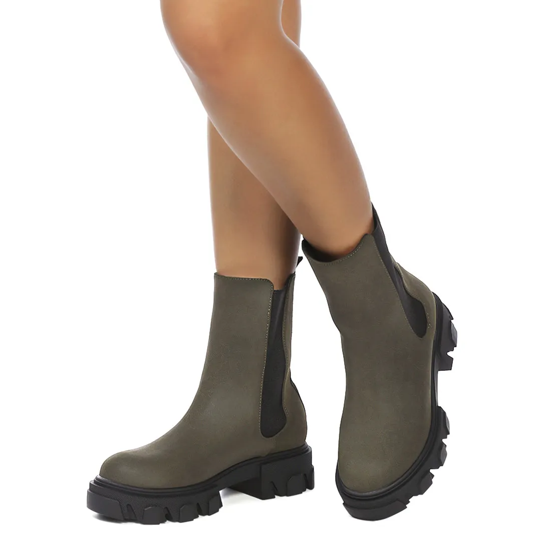 Olive Patent PU Chunky Chelsea Boots
