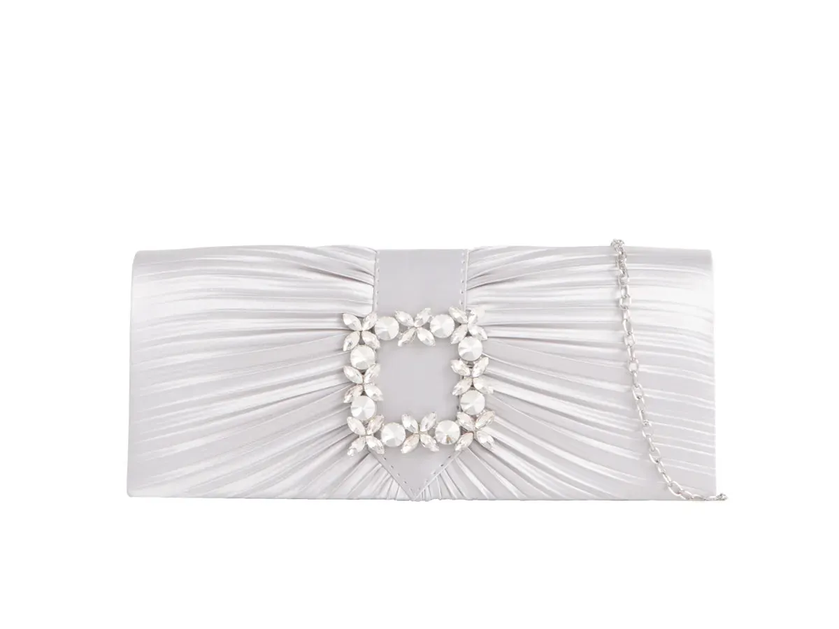 Satin Silver Diamante Clutch Bag