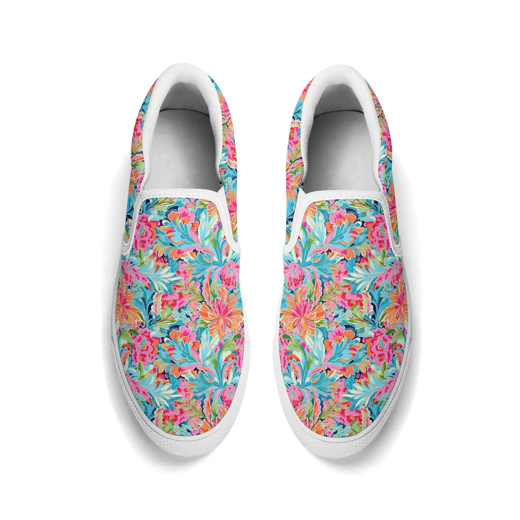 Tropical Radiance: Bursting Summer Blooms in Teal, Orange, and Pink Womens Canvas Slip On Shoes US5-US12
