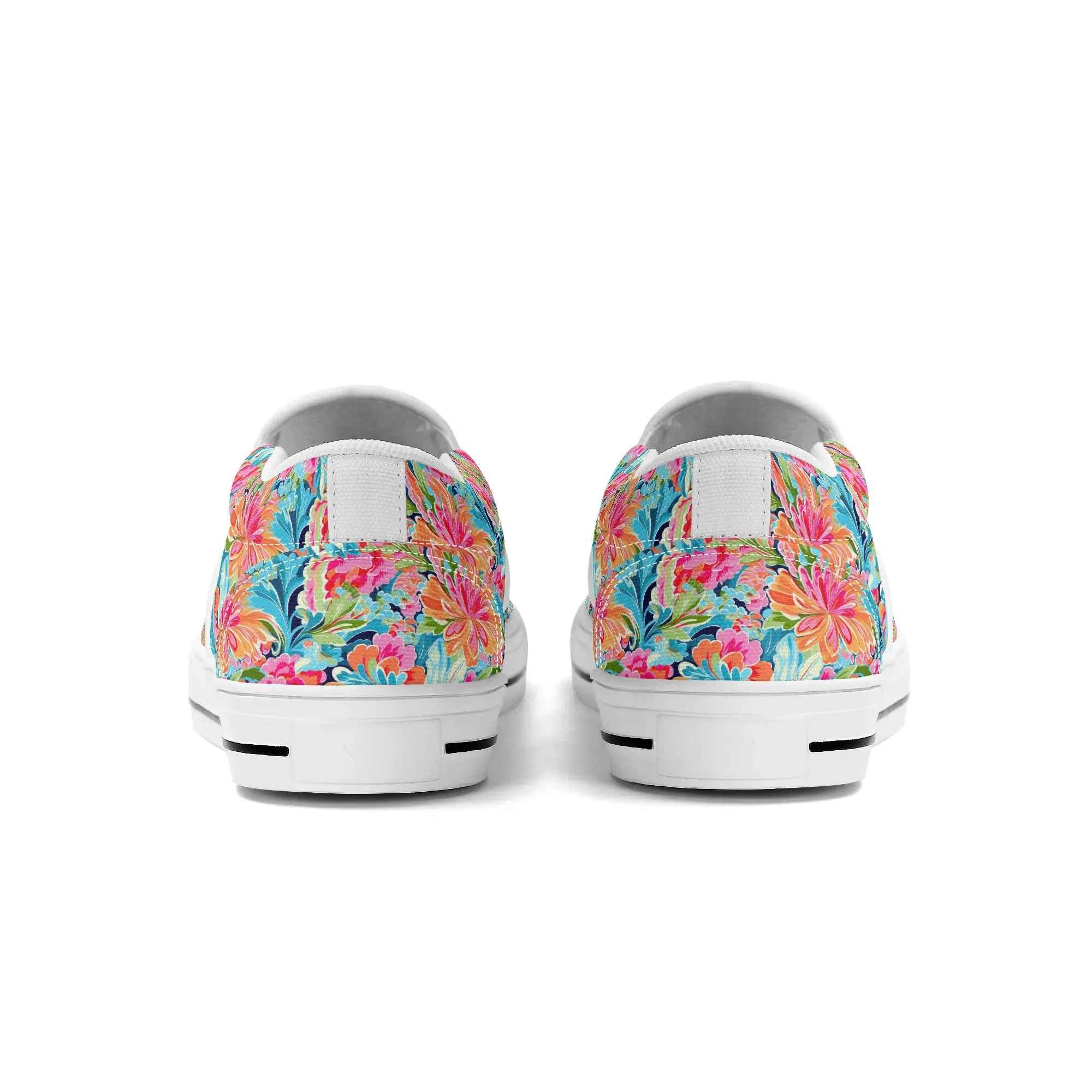 Tropical Radiance: Bursting Summer Blooms in Teal, Orange, and Pink Womens Canvas Slip On Shoes US5-US12