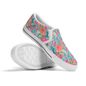 Tropical Radiance: Bursting Summer Blooms in Teal, Orange, and Pink Womens Canvas Slip On Shoes US5-US12
