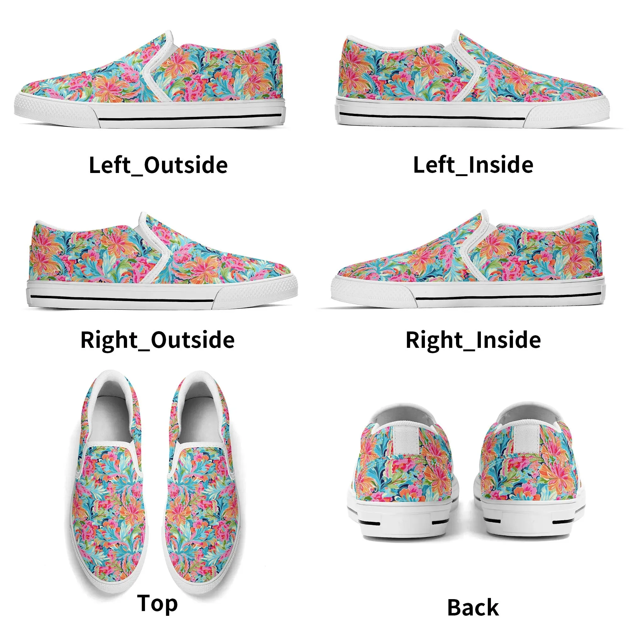 Tropical Radiance: Bursting Summer Blooms in Teal, Orange, and Pink Womens Canvas Slip On Shoes US5-US12