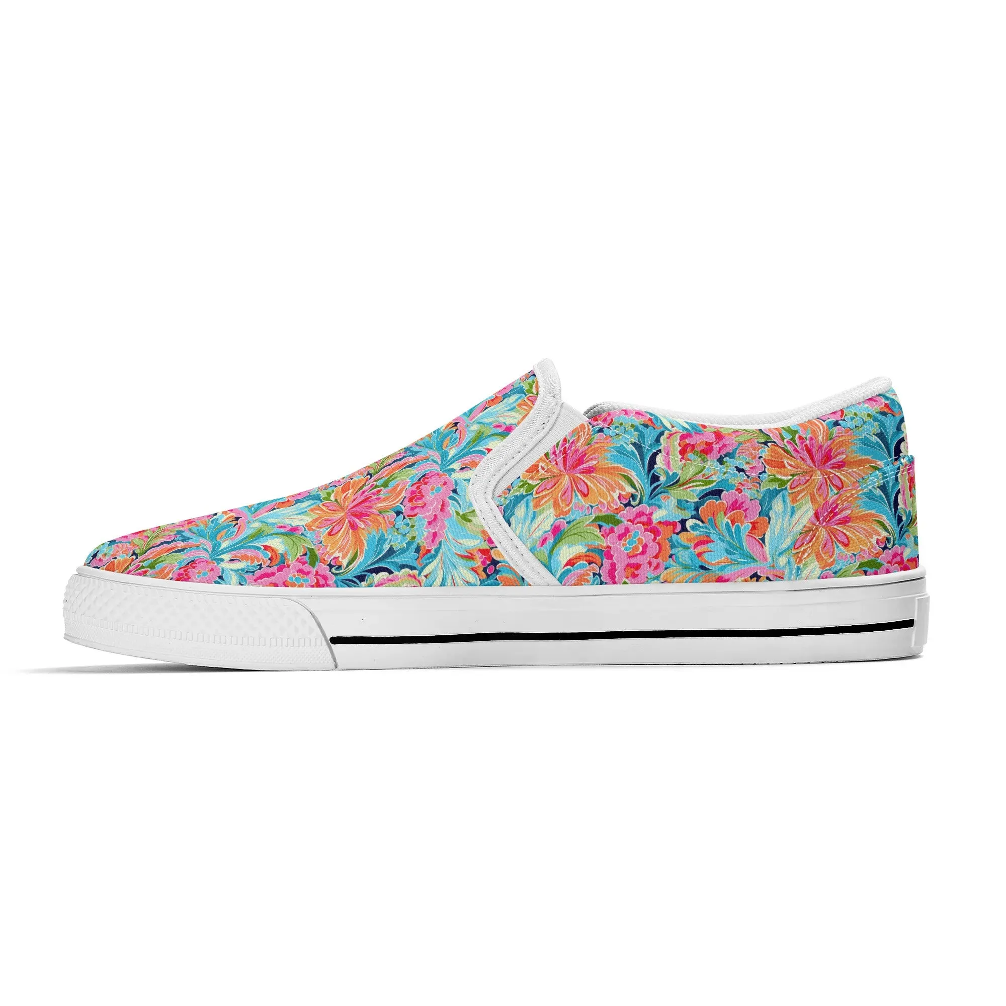 Tropical Radiance: Bursting Summer Blooms in Teal, Orange, and Pink Womens Canvas Slip On Shoes US5-US12