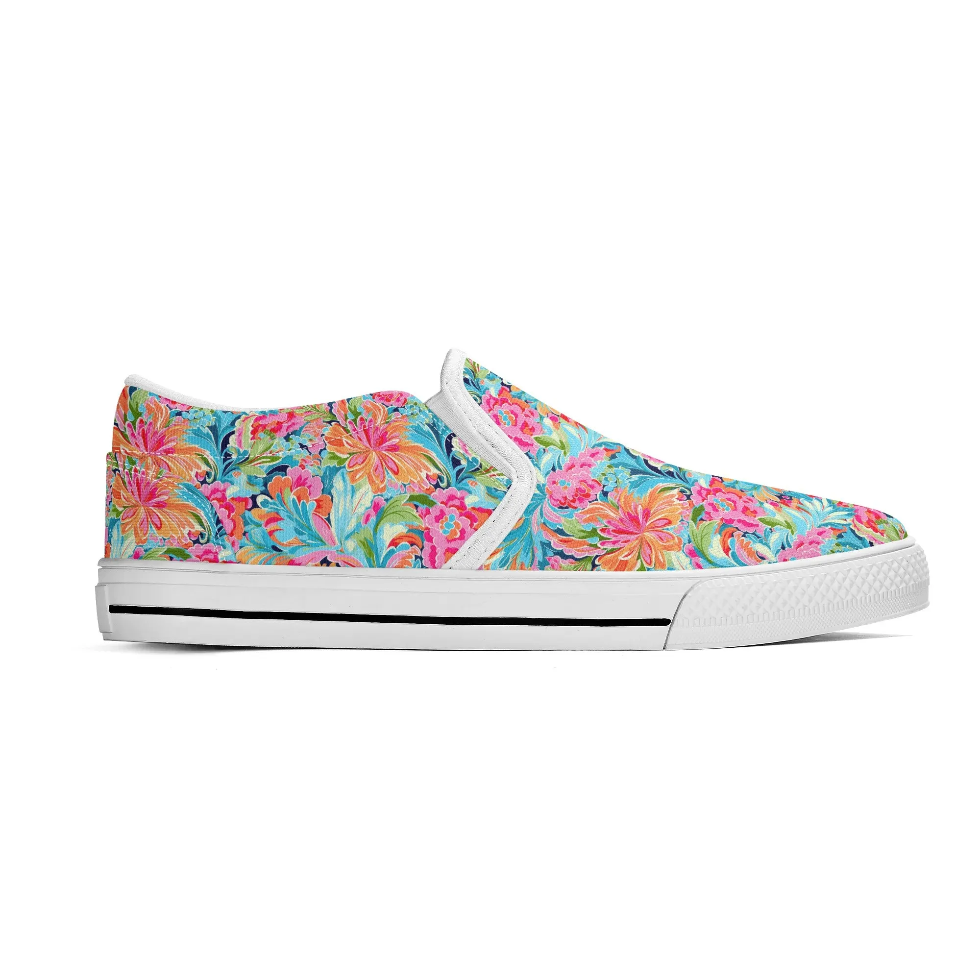 Tropical Radiance: Bursting Summer Blooms in Teal, Orange, and Pink Womens Canvas Slip On Shoes US5-US12