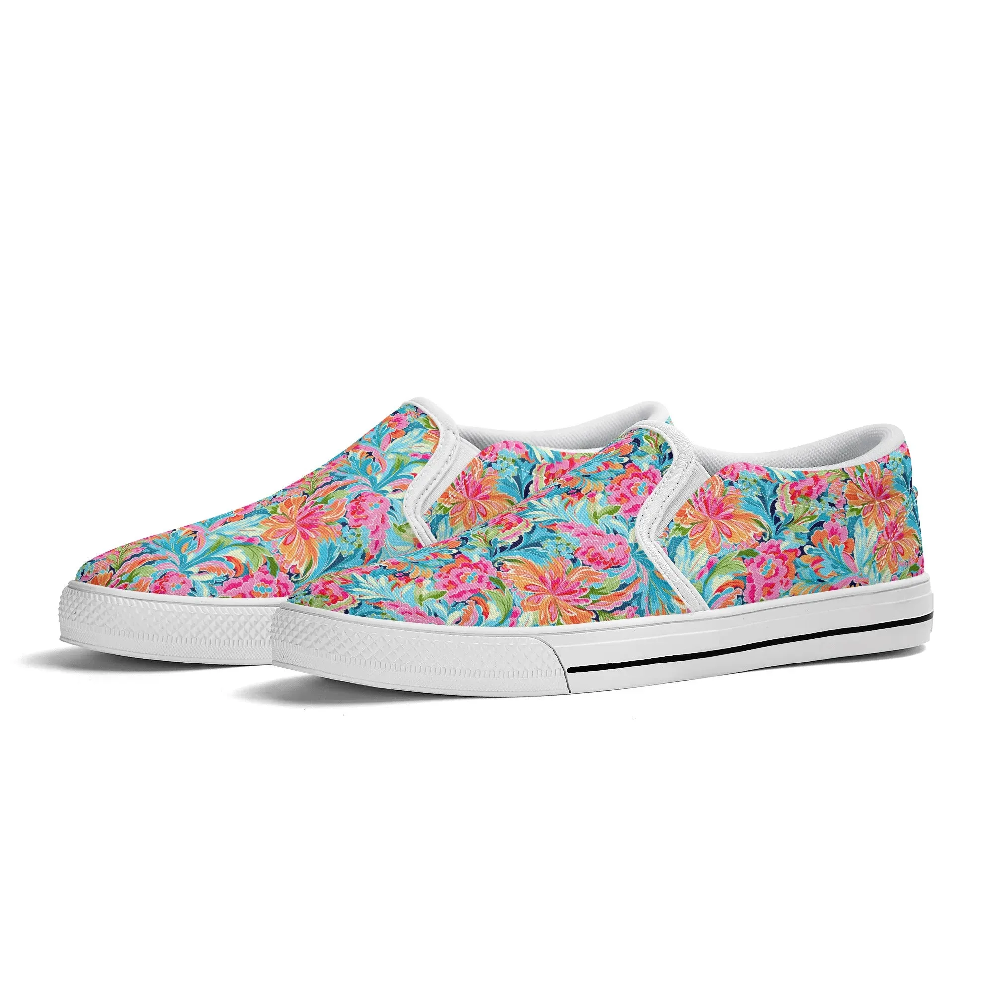 Tropical Radiance: Bursting Summer Blooms in Teal, Orange, and Pink Womens Canvas Slip On Shoes US5-US12