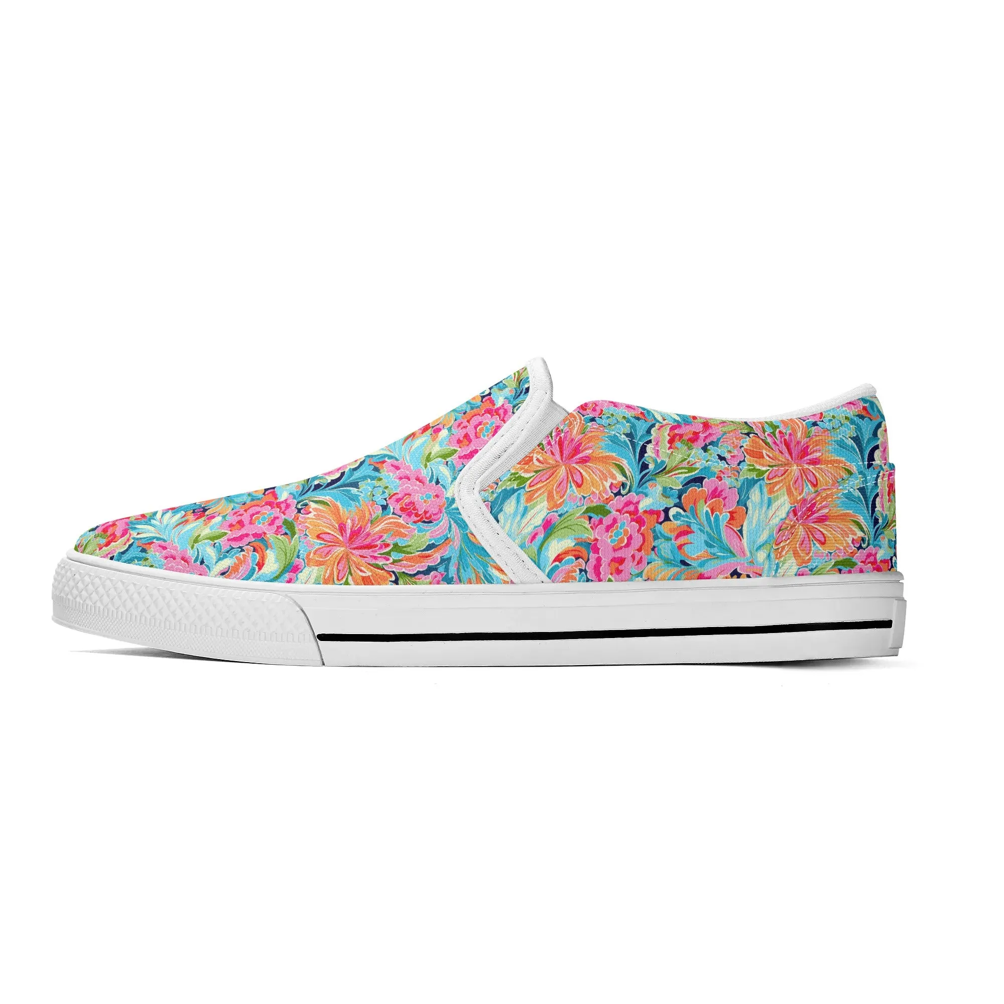 Tropical Radiance: Bursting Summer Blooms in Teal, Orange, and Pink Womens Canvas Slip On Shoes US5-US12