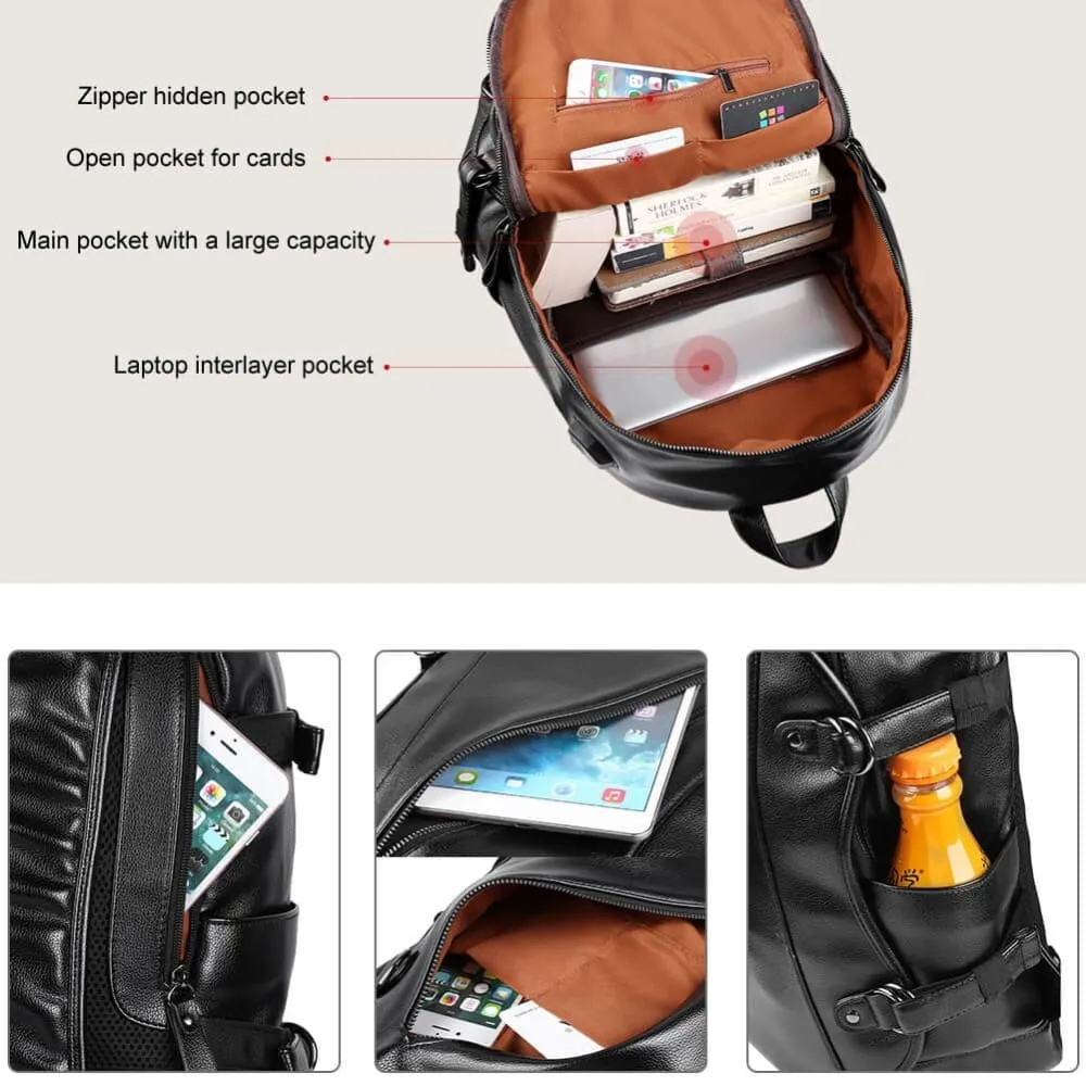 Vbiger Men PU Laptop Backpack Casual Travel Backpack Large Capacity School Bag with USB Cable
