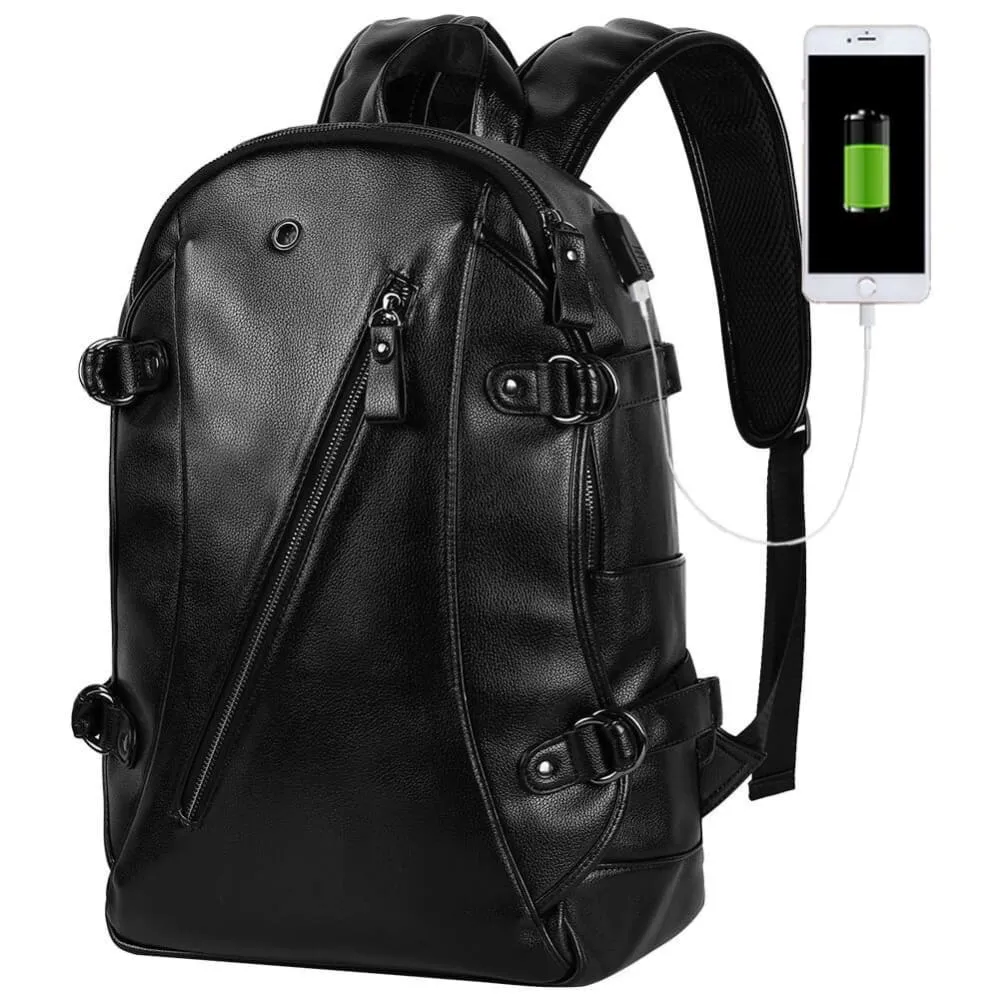 Vbiger Men PU Laptop Backpack Casual Travel Backpack Large Capacity School Bag with USB Cable