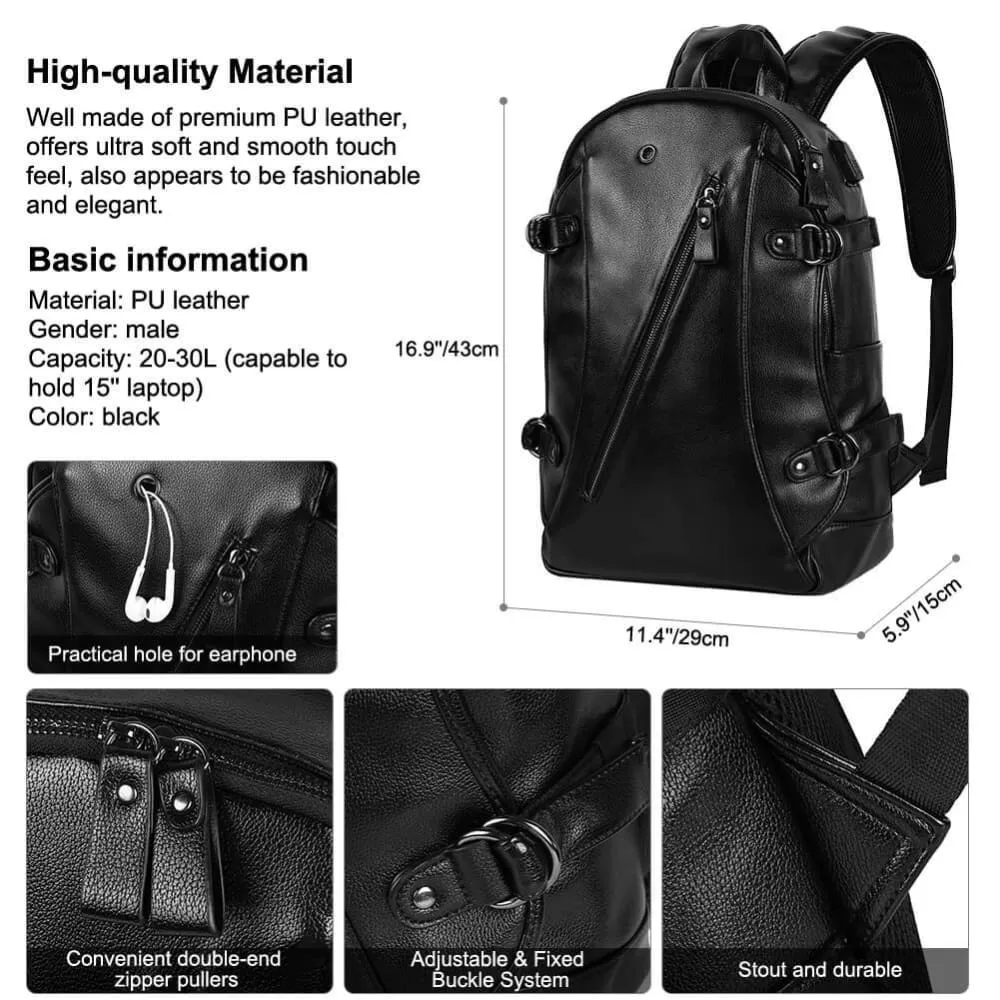 Vbiger Men PU Laptop Backpack Casual Travel Backpack Large Capacity School Bag with USB Cable