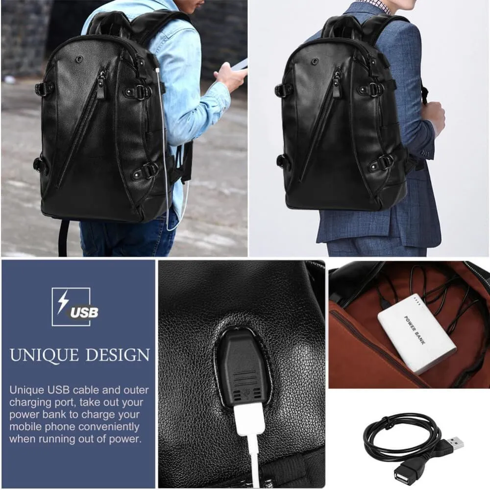 Vbiger Men PU Laptop Backpack Casual Travel Backpack Large Capacity School Bag with USB Cable
