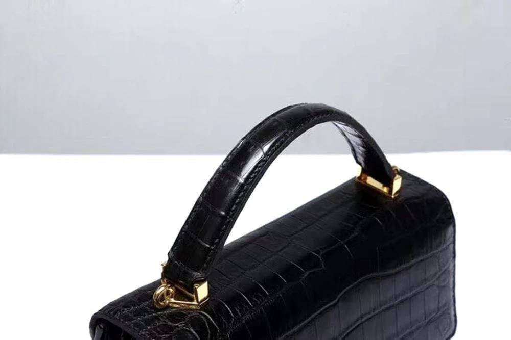 Women's Genuine Crocodile Leather Tote  Top Handle Bags Black