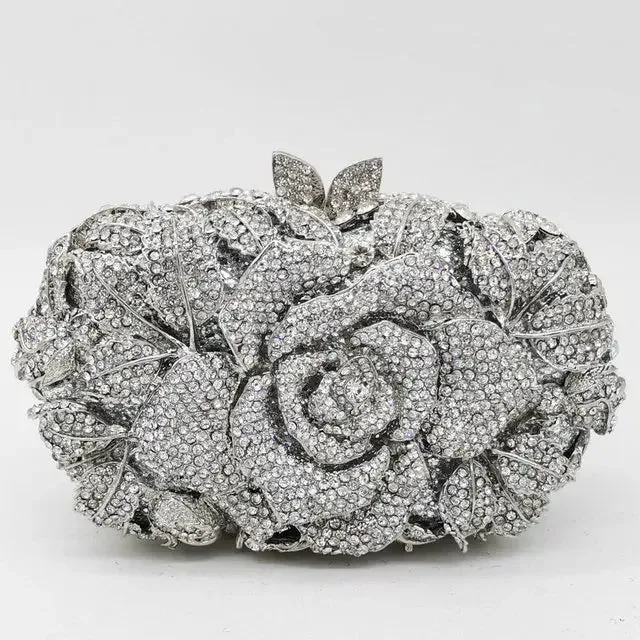 Women's Gold Flower Clutch Evening Bags: Bridal Wedding Handbags for Formal Parties with Rhinestone Floral Purses