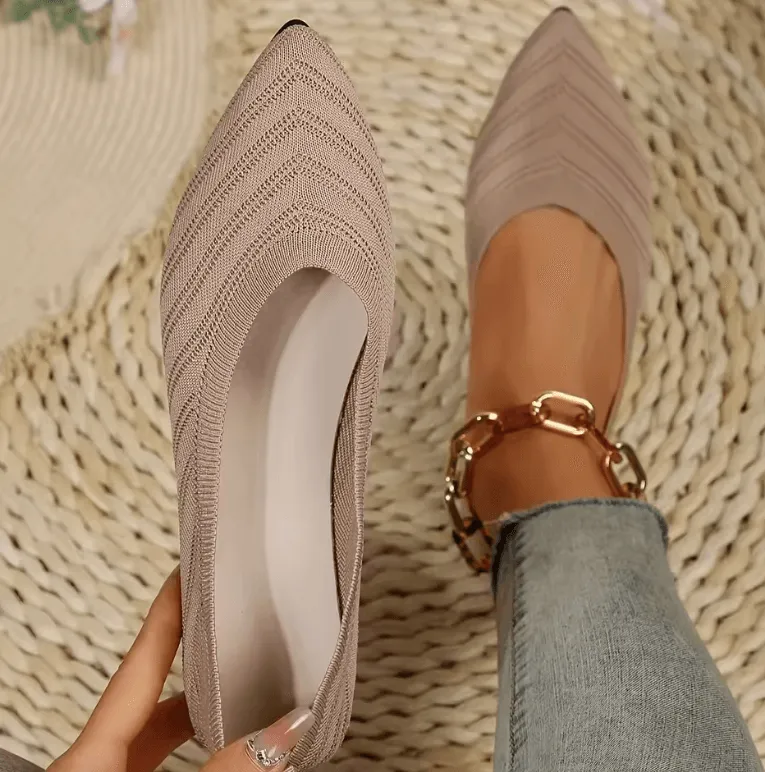 Women’s Pointed Toe Flat Shoes - Breathable Knitted Slip-On Ballet Flats