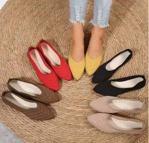 Women’s Pointed Toe Flat Shoes - Breathable Knitted Slip-On Ballet Flats