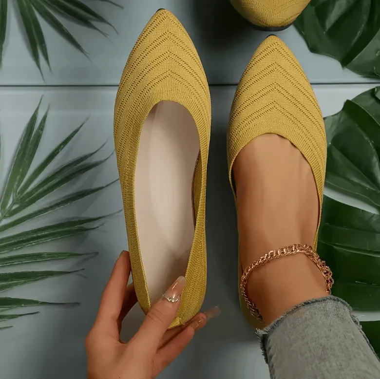 Women’s Pointed Toe Flat Shoes - Breathable Knitted Slip-On Ballet Flats