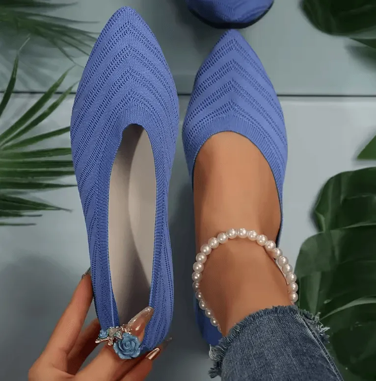 Women’s Pointed Toe Flat Shoes - Breathable Knitted Slip-On Ballet Flats