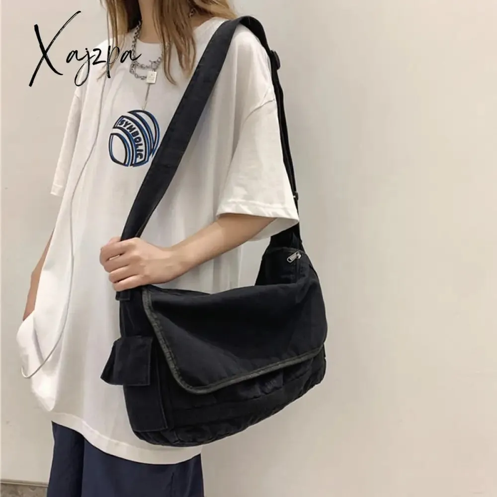 Xajzpa - Multi Pockets Messenger Bag Large Capacity Girl Shoulder Bags Solid Color Women&#39;S Bag Fashion Canvas School Crossbody Bag